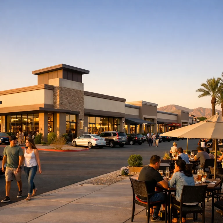 Lease Exterior view of a grocery-anchored shopping center at dusk with outdoor restaurant seating and parked cars, representing restaurant leasing opportunities in Las Vegas.