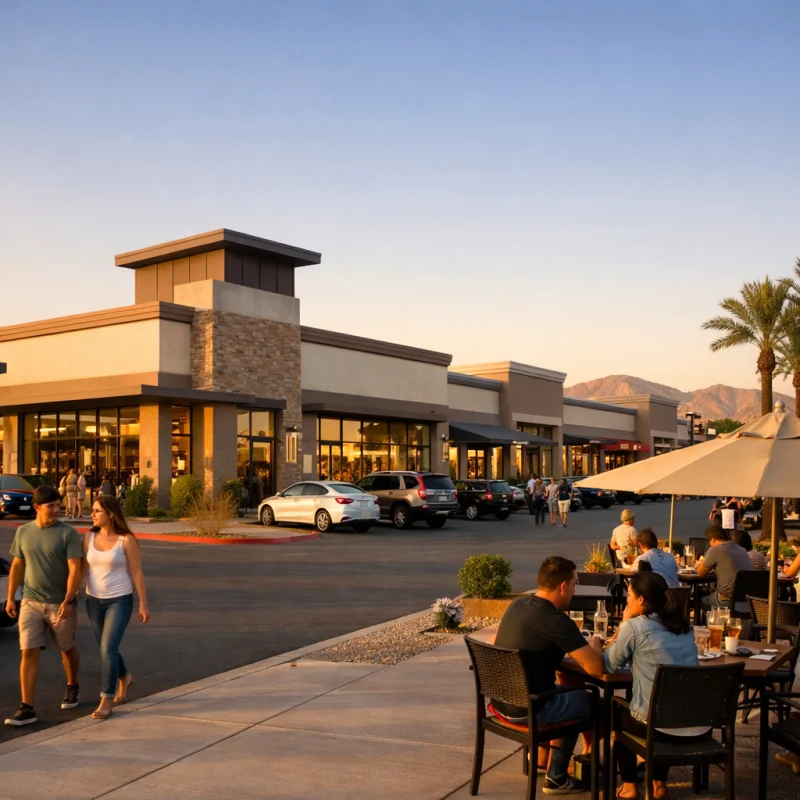 Lease Exterior view of a grocery-anchored shopping center at dusk with outdoor restaurant seating and parked cars, representing restaurant leasing opportunities in Las Vegas.
