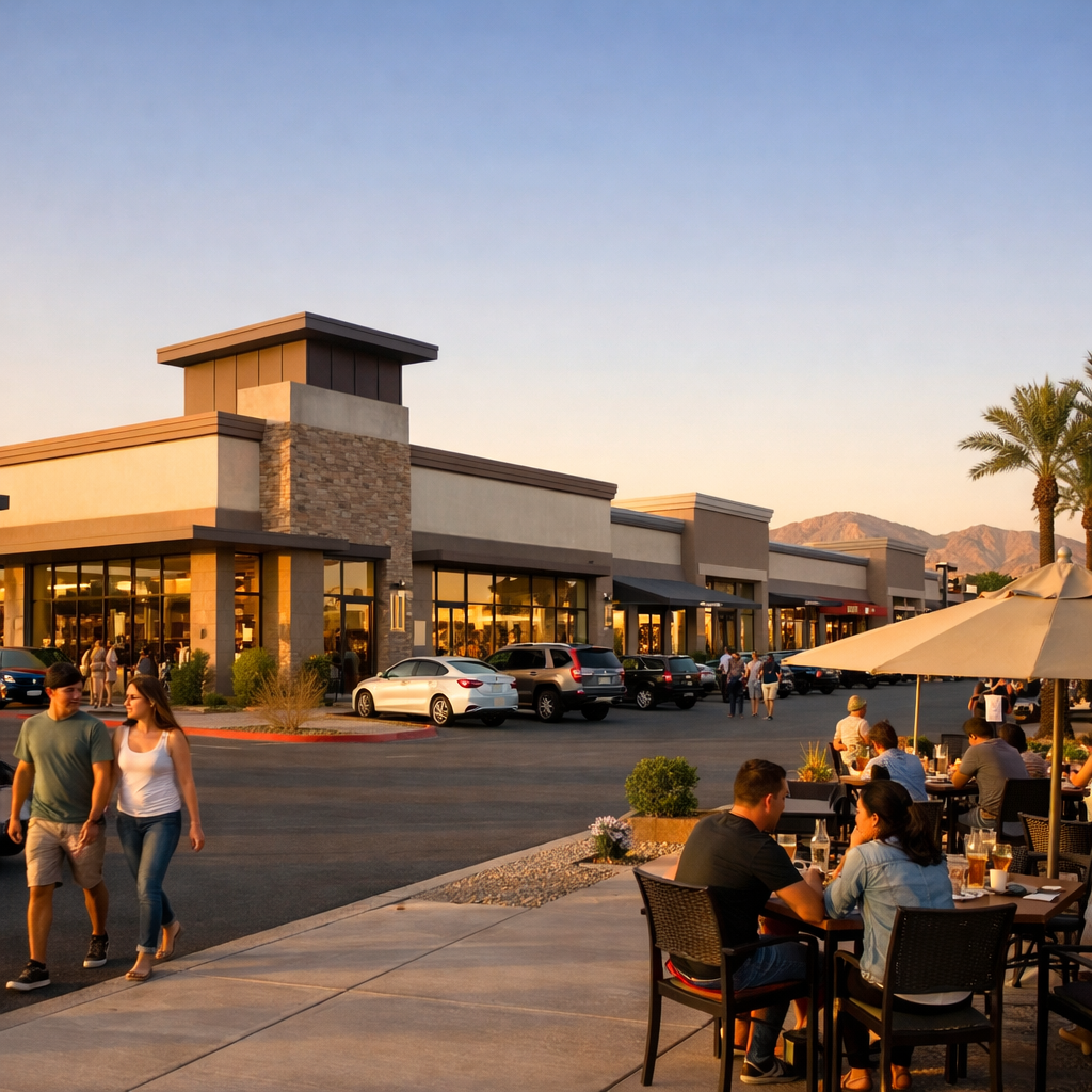 Lease Exterior view of a grocery-anchored shopping center at dusk with outdoor restaurant seating and parked cars, representing restaurant leasing opportunities in Las Vegas.