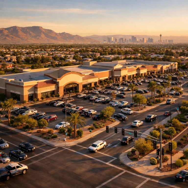 Lease Aerial three-quarter view of a grocery-anchored shopping center near a major Las Vegas intersection at golden hour, showing storefronts and parking areas.